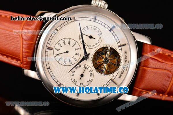 Vacheron Constantin Malte Tourbillon Asia Automatic Steel Case with White Dial and Brown Leather Strap - Stick Markers - Click Image to Close